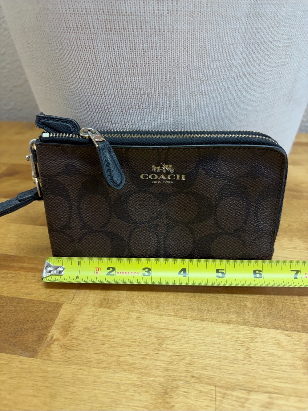 Coach Signature C Brown Canvas Double Zip Wristlet Wallet Clutch Purse - Picture 7 of 8